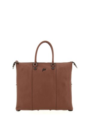 Borsa tote in pelle marrone con due manici, cuciture verticali e un piccolo logo centrato vicino alla parte superiore.