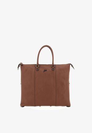 Borsa tote in pelle marrone con due manici, cuciture verticali e un piccolo logo centrato vicino alla parte superiore.