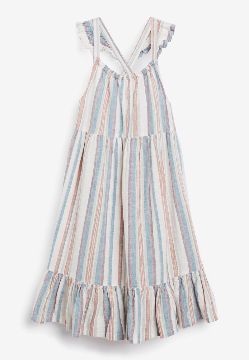 Robe d'été rayée en tissu léger. Elle présente des bretelles à volants, un corsage froncé et un ourlet évasé avec un détail à volants. Couleurs : bleu, blanc, corail.