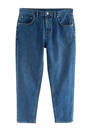 Blue mid-rise denim jeans with front button and zip, featuring two front pockets and a small coin pocket, straight-leg design.