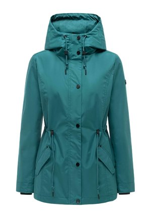 Petrolkleurige waterdichte damesjas met verstelbare capuchon, drukknoopsluiting aan de voorkant, taillekoord en klepzakken.