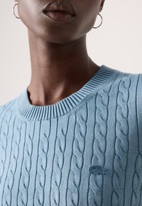 Maglione a coste azzurro chiaro con scollatura a coste e piccolo logo. Il tessuto presenta motivi in rilievo e una consistenza morbida.