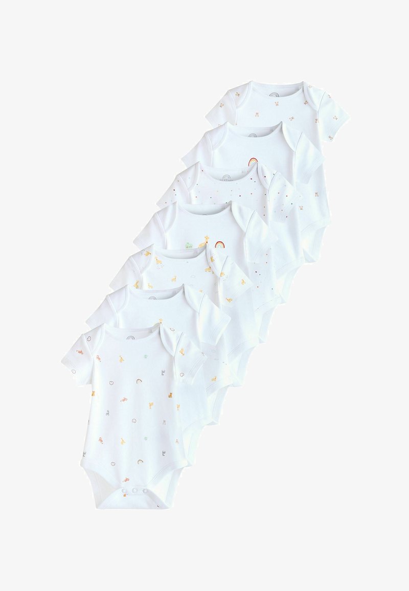 Sæt med syv kortærmede babykropdragter i hvidt bomuld, der har forskellige farverige dyre- og regnbueprints, rund halsudskæring og trykknaplukninger.