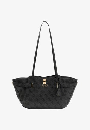 Sac fourre-tout noir en matériau texturé, avec une quincaillerie de couleur dorée, deux bretelles d'épaule, et un motif subtilement embossé.