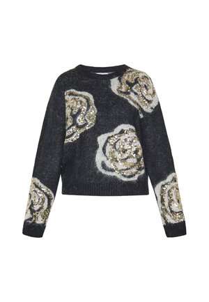 Tumehall pikkade varrukatega sviiter, millel on suured valged ja kuldsed sädelevad lillemustrid varrukatel ja ees.