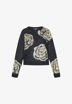 Donkergrijze trui met lange mouwen en grote witte en gouden paillettenbloemmotieven op de mouwen en de voorkant.