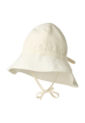 Off-white bomuldssolhat med bred skygge og hagerem bundet i sløjfe, designet til solbeskyttelse.
