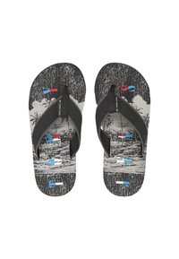 Chanclas negras con correas texturizadas, que presentan un diseño de impresión de playa en blanco y negro con toques de azul y rojo.