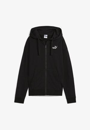 Black zip-up hoodie made of cotton blend. Features a drawstring hood, kangaroo pockets, and white Puma logo on the left chest.