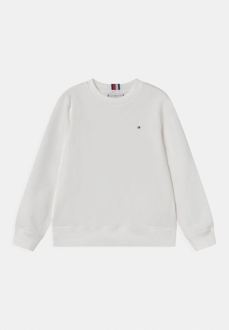 Felpa bianca in cotone con maniche lunghe, polsini e orlo a costine, caratterizzata da un piccolo emblema sul petto. Design semplice e minimale.