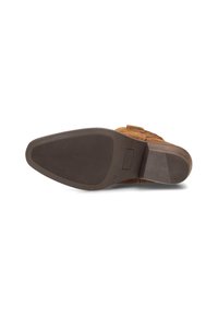 Sola di stivale in suede marrone con una suola in gomma tramata. Include un tacco piatto e una superficie testurizzata con dettagli sottili e un taglio rettangolare.