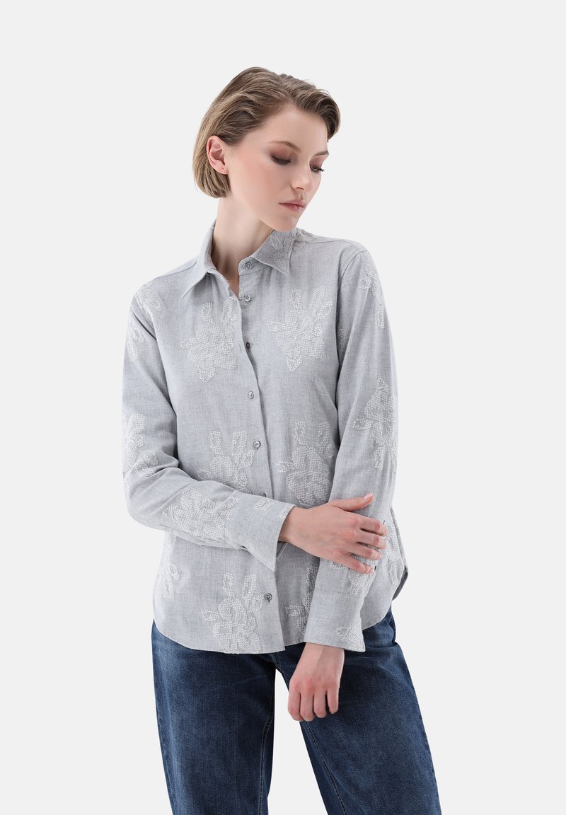 Light gray button-up shirt made of linen, featuring textured floral patterns. Long sleeves with button cuffs, relaxed fit. Dark jeans visible.