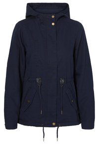 Navy blue jacket with a hood, elastic drawstring waist, and gold-tone hardware. Features two side pockets and a zip front closure.