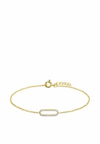 Gouden kettingarmband met een verlengde ovale schakel en heldere kristallen, veilige karabijnhaak en verstelbare lengte voor een gepersonaliseerde pasvorm.