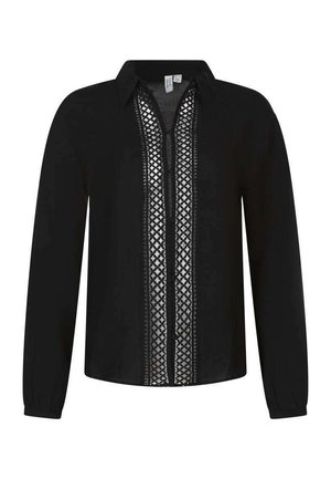 Blouse noire à manches longues avec fermeture boutonnée sur le devant, dotée d'un panneau en maille transparente à motifs et d'un col classique.