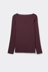 Langärmeliges, dunkelviolettes Rundhalsshirt mit geradem Saum, flach auf einem hellgrauen Hintergrund liegend.