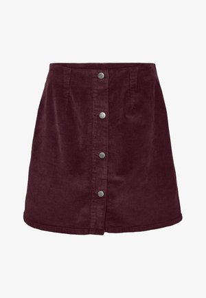 Burgundia kautraka mini seelik A-laiusega, millel on viis hõbedast nööpi ees ja peen ribakonstruktsioon.