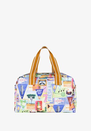 Sac de voyage en toile présentant un collage coloré de motifs sur le thème de la nature. Deux poignées robustes rayées orange et blanc pour un transport facile.