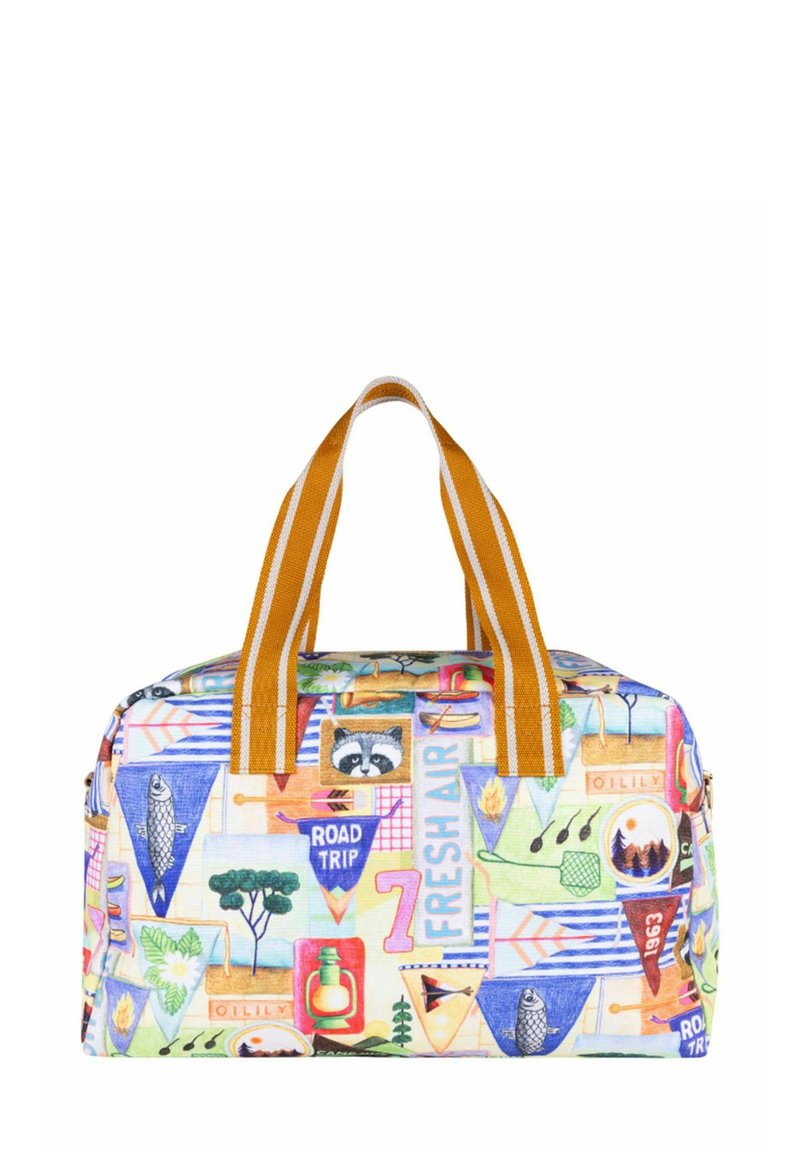 Canvas sporttas met een kleurrijke collage van buitenactiviteiten. Twee stevige oranje-wit gestreepte handvaten voor gemakkelijk dragen.