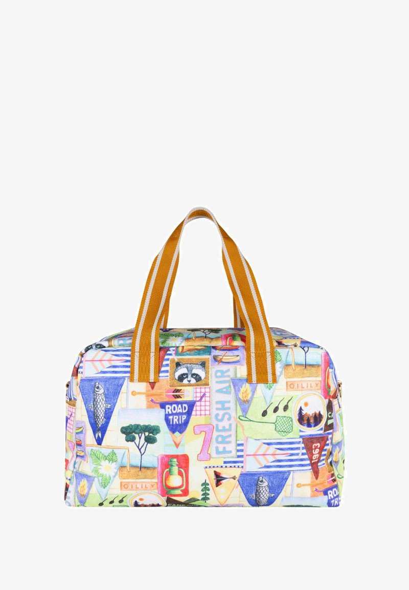 Canvas sporttas met een kleurrijke collage van buitenactiviteiten. Twee stevige oranje-wit gestreepte handvaten voor gemakkelijk dragen.