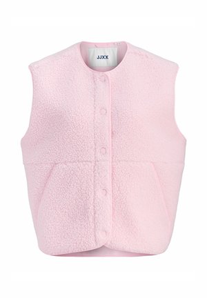 Veste sans manches en polaire rose clair, boutonnée, avec un col rond et deux poches avant, étiquette JJXX à l'intérieur du col.