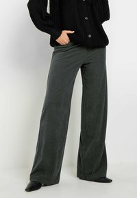 Pantalons larges en vert sombre, fabriqués en velours côtelé doux. Présentent une texture lisse et un design taille haute, associés à un pull noir texturé.