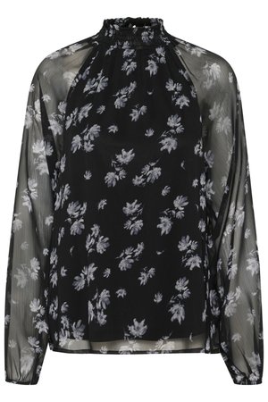 Blusa negra con un alto escote fruncido, mangas largas y transparentes, y un estampado floral en blanco y gris. Tejido suave y ligero.