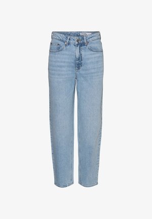 Vaaleansiniset farkut, joissa on korkea vyötärö, rento istuvuus ja suorat lahkeet. Niissä on nappikiinnitys ja hieman haalistumat kangaspinnassa.