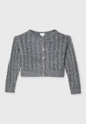Šedý pletený kardigán s rebrovanou textúrou, skrátenou dĺžkou, okrúhlym výstrihom a zlatými gombíkmi na prednej strane.
