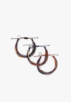 Three adjustable multicolor thread bracelets with round silver beads and silver circular charms against a white background.