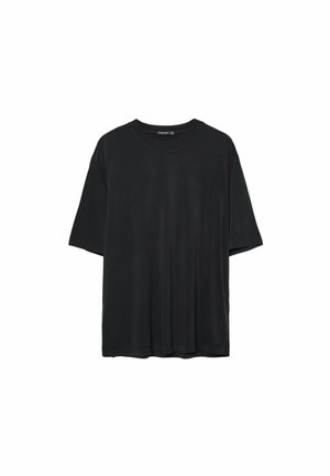 Black short-sleeve t-shirt made of soft fabric, featuring a rounded neckline and a relaxed fit with no visible patterns or accents.
