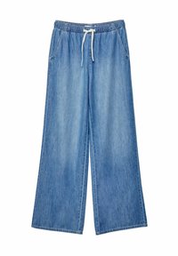 Ljusblå vida jeans med elastisk midja och vit dragsko, utrustad med sidofickor.