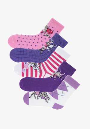 Set aus vier bunten Socken in Pink, Lila und Weiß. Enthält Muster wie Pünktchen, Streifen und Gitter. Jede Socke hat ein Charakterdesign.