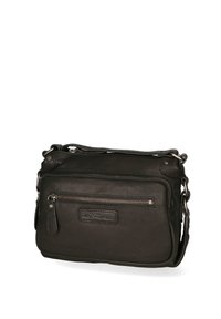 Borsa a tracolla nera in pelle con finitura testurizzata, dotata di tasca con zip frontale, strap regolabile e dettaglio del logo sulla parte anteriore.