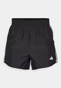 Black athletic shorts with an elastic waistband, side slits, and white three-stripe accents. Features a small white logo on the lower right.