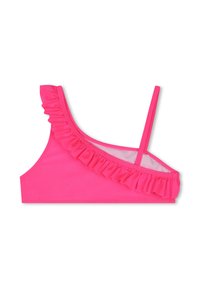 Rózsaszín bikini felsőrész fodros részletekkel, aszimmetrikus kialakítással, vékony pántokkal és sima, rugalmas anyaggal.