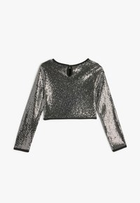 Top nero a maniche lunghe e corte, con paillettes lucide, caratterizzato da un collo rotondo e un dettaglio a chiave sul retro, rifinito in nero.