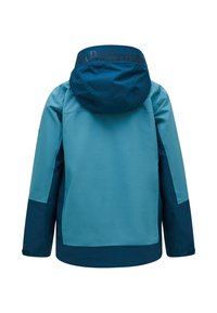 Blue waterproof jacket with a hood, contrast darker sleeves, and a logo accent on the collar. Smooth texture in two-tone design.