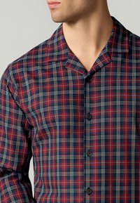 Uomo che indossa una camicia a quadri rossa, blu navy e bianca a bottoni con il colletto aperto, mostrato dal collo fino alla metà del torace su uno sfondo semplice.