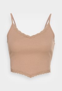Top cropped canela claro com nervuras, alças ajustáveis em espaguete e borda de renda recortada ao longo do decote e da bainha. Material elástico de mistura de algodão.