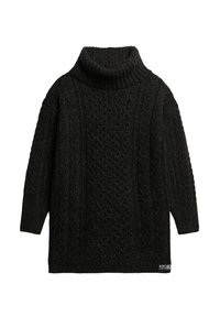 Čierny pletený sveter s vysokým, rebrovaným golierom, s textúrovaným káblovým vzorom, vo voľnom strihu a dlhými rukávmi.