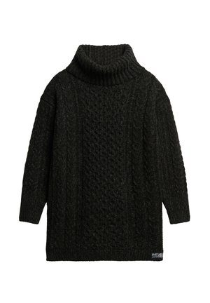 Schwarzer gestrickter Pullover mit hohem, geripptem Kragen, der ein strukturiertes Zopfmuster aufweist, lockere Passform und lange Ärmel.