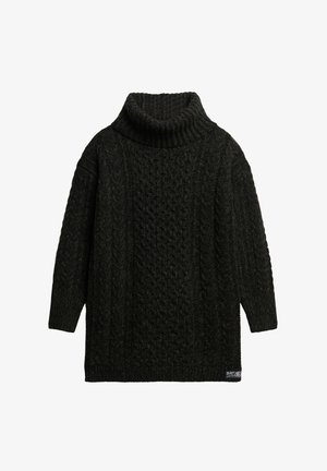 Czarny sweter z dzianiny z wysokim, prążkowanym kołnierzem, z teksturowanym wzorem w warkocze, luźny krój i długie rękawy.