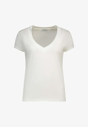T-shirt blanc à manches courtes et col en V, coupe slim, avec étiquette de la marque Dondup à l'intérieur de la nuque à l'arrière.