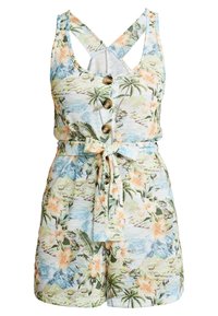 Floral-patterned romper in light fabric. Features peach flowers, palm leaves, crisscross straps, and three front buttons with a tied waist.