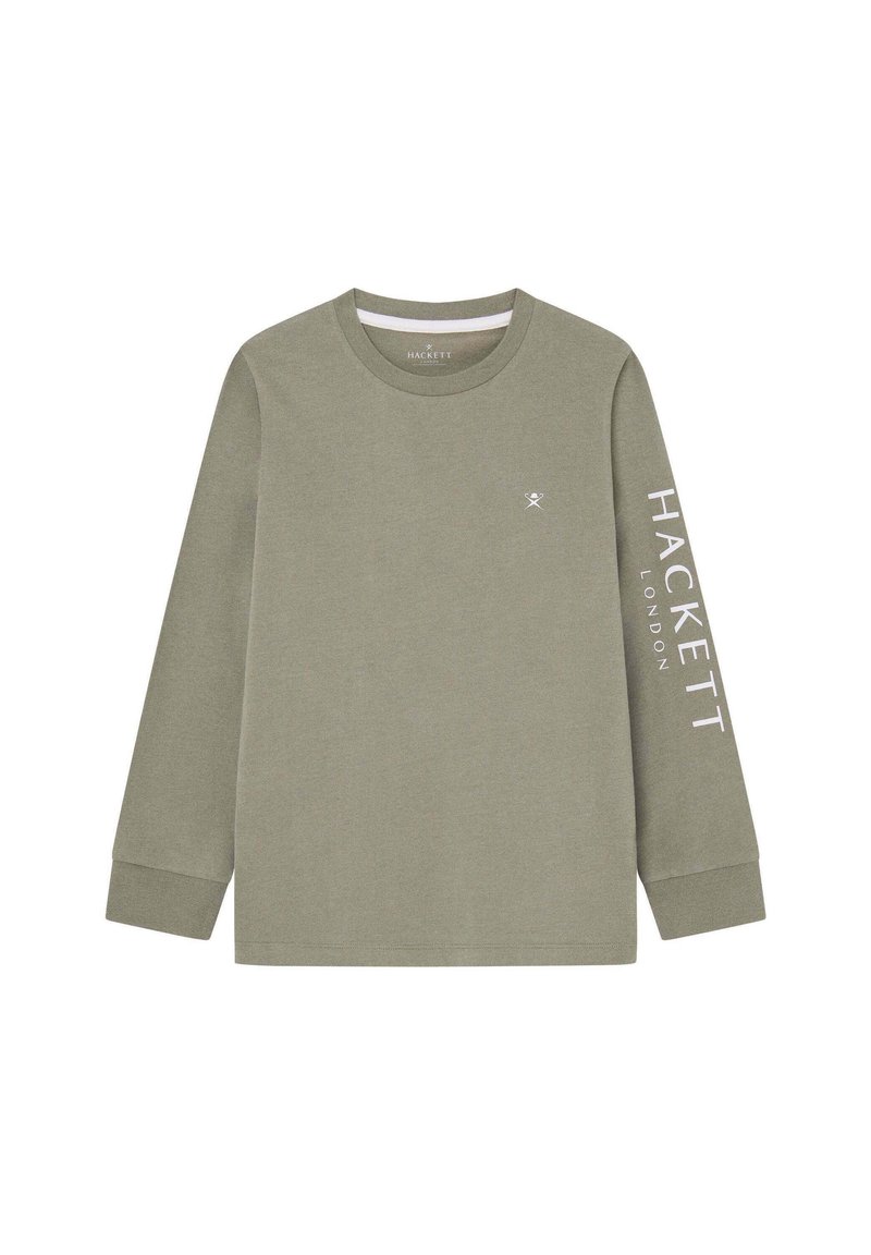 Grünes Longsleeve-T-Shirt aus Baumwollmischung. Verfügt über einen runden Ausschnitt, gerippte Bündchen und einen weißen Druck "HACKETT LONDON" auf dem linken Ärmel.