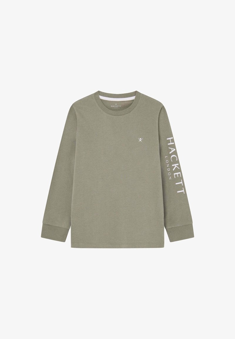 Grünes Longsleeve-T-Shirt aus Baumwollmischung. Verfügt über einen runden Ausschnitt, gerippte Bündchen und einen weißen Druck "HACKETT LONDON" auf dem linken Ärmel.
