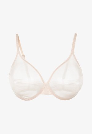 Beige mesh-bh med underwire-struktur; sømløse kopper og justerbare stropper; myk tekstur; elastisk bånd bak.