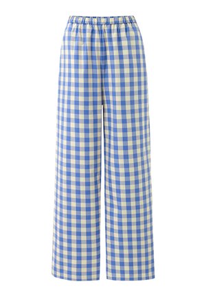 Broek met wijde pijpen en een elastische tailleband met een blauw-wit ruitjespatroon.