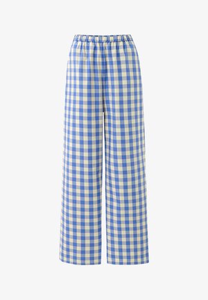 Broek met wijde pijpen en een elastische tailleband met een blauw-wit ruitjespatroon.